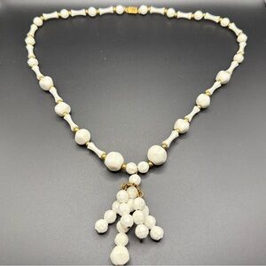 Vintage White Beaded Dangle Necklace with Gold Tone